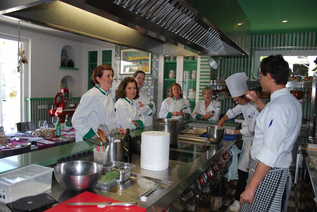 At Italy's Don Alfonso 1890, Chef Andre (foreground) gives cooking lessons (photo, Elinor Griffith)