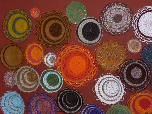 African basketry in the lobby of the Four Seasons Lodge