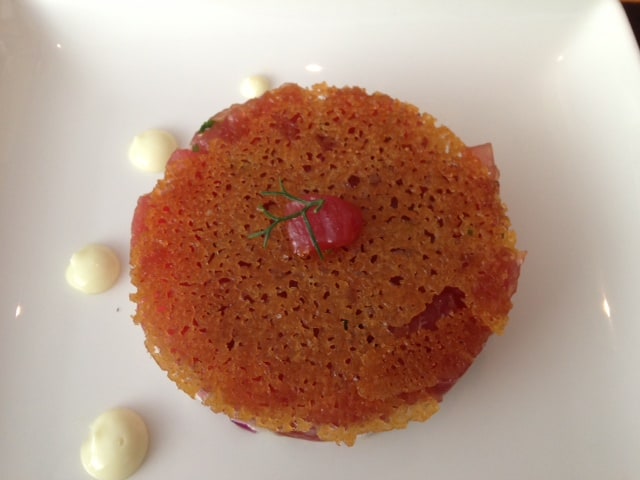 Upside Down Tuna Tarte with fennel, Japanese cucumber and aïoli