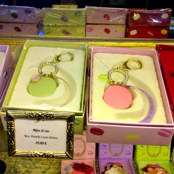 Macaron keychains on display in the tearoom