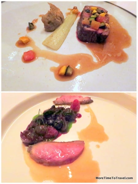 Duck with cherries, berries and lovage; roast beef with bok choy and eggplant