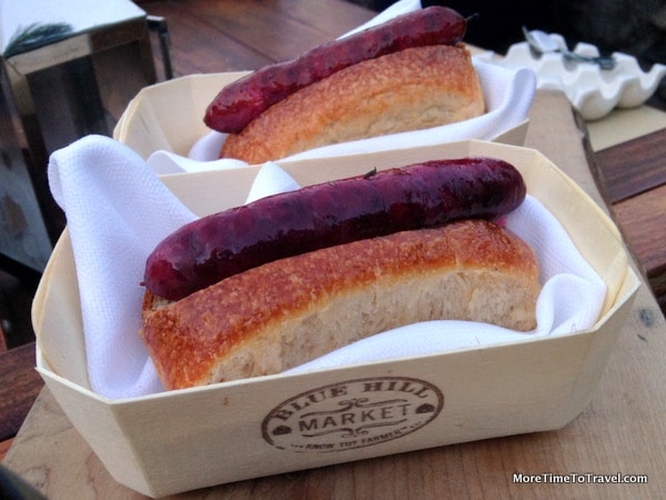 Grilled red beet and pork hot dogs at Blue Hill at Stone Barns