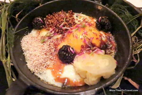 Rhode Island Red pullet eggs in a metal dish with foods eaten by chickens