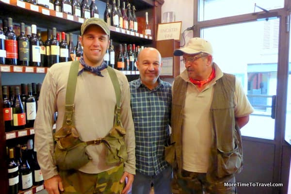 Chef Alberto Bettini flanked by Savigno truffle hunters, Maurizio Lorenzini on the left with his father-in-law Adriano Bartolini on the right