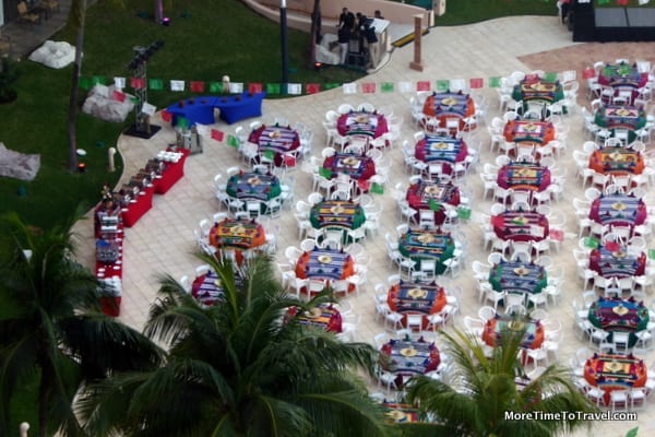 Colorful umbrellas on the patio for a festival event