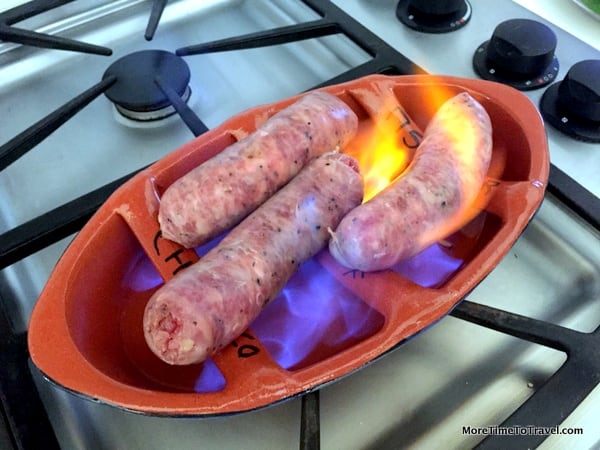 Cooking grilled Portuguese chouriço at home