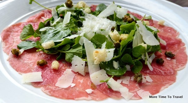 Carpaccio at Due Mari: 40-day dry-aged sirloin, watercress, capers and lemon
