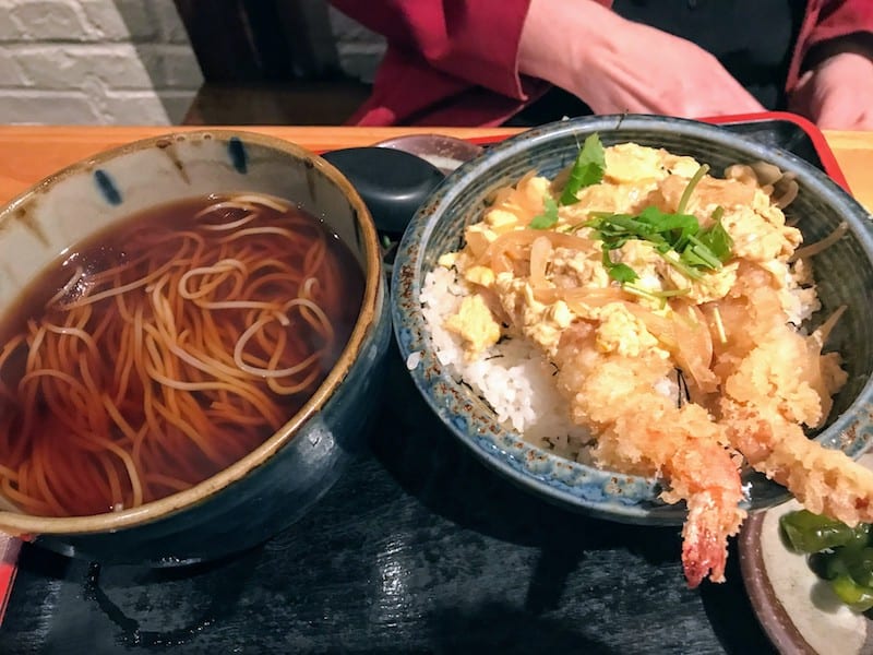 Lunch portion of Ten Don, Shrimp Tempura over rice with hot soba noodles