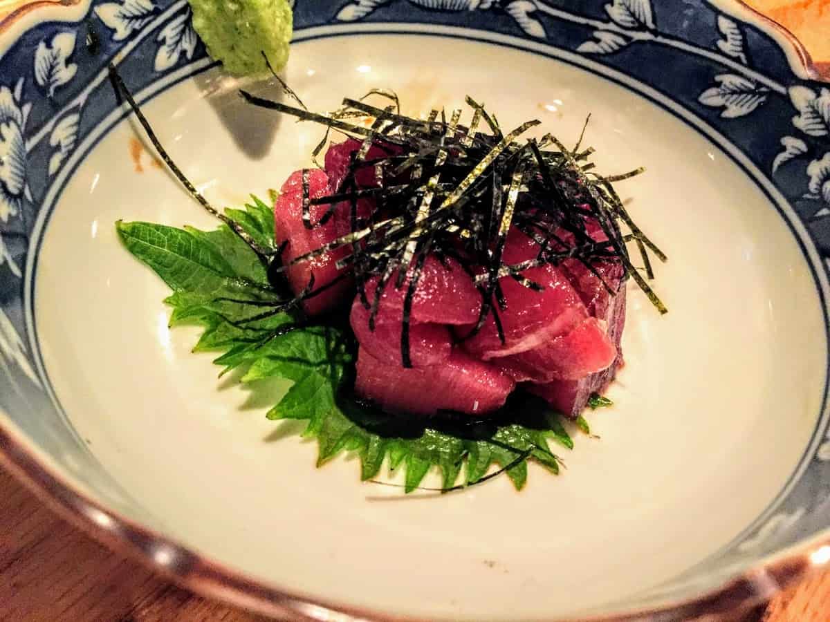 Maguro Butsu, diced fresh tuna sashimi with soy sauce