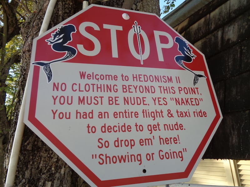 A whimsical sign welcomes visitors to Hedonism II, a clothing optional resort in Jamaica
