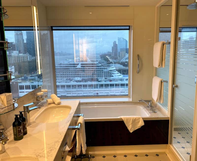 Bathroom with a view in one of the suites adjoining the Courtyard