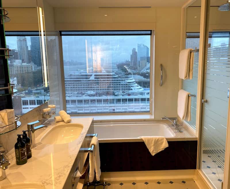 Bathroom with a view in one of the suites adjoining the Courtyard 