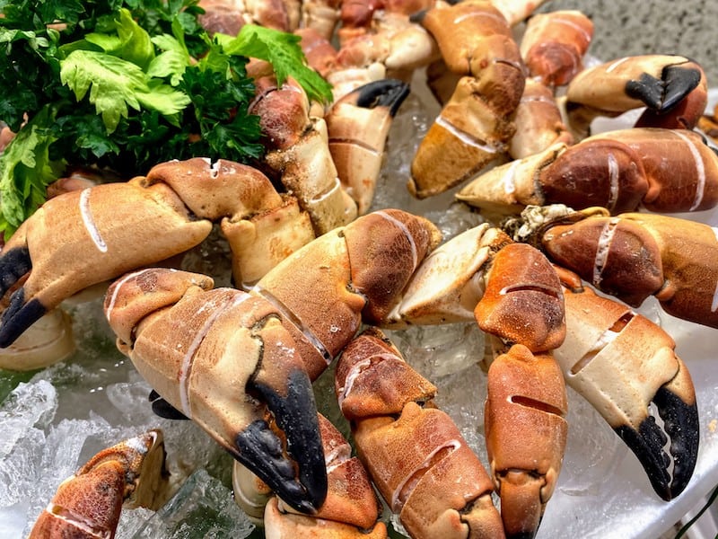 At lunch at The Haven Restaurant: Crab claws from a seafood buffet