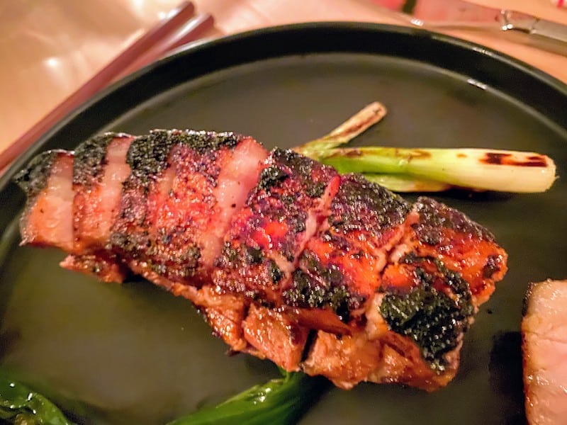 From the barbecue menu, Char Siu Berkshire Pork with grilled scallions and spicy mustard
