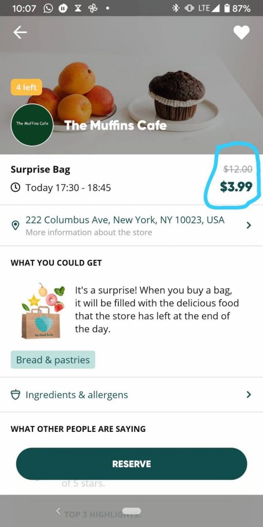 Muffin Cafe offering on Too Good To Go app (screenshot)