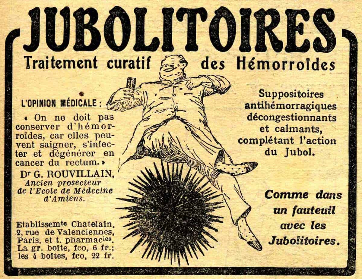 A 1918 advertisement for a hemorrhoid treatment