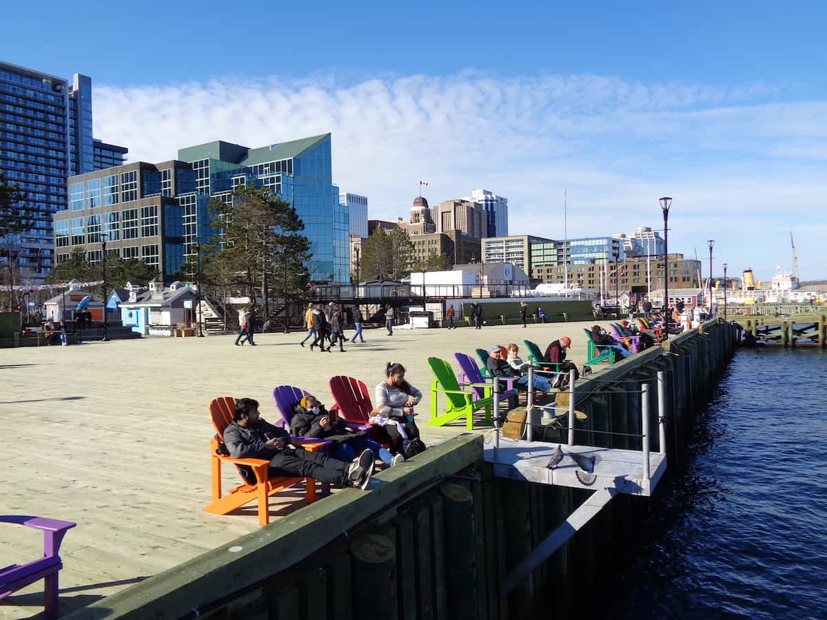 Inviting lawn chairs facing the harbour