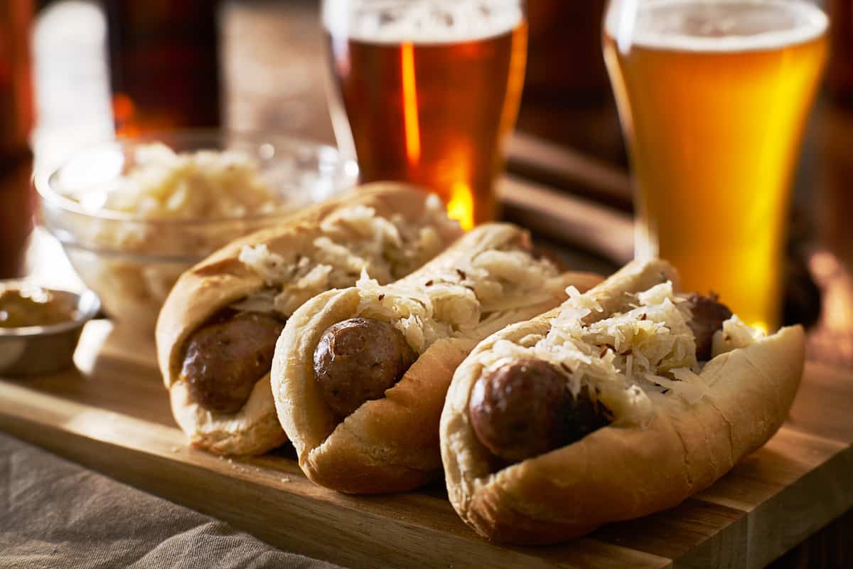 Bratwursts and sauerkraut with beer