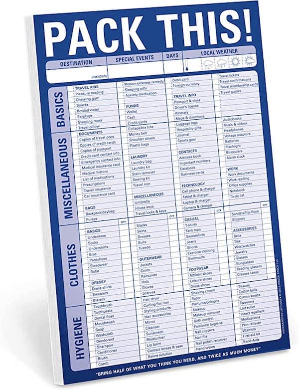 A pre-printed packing list
