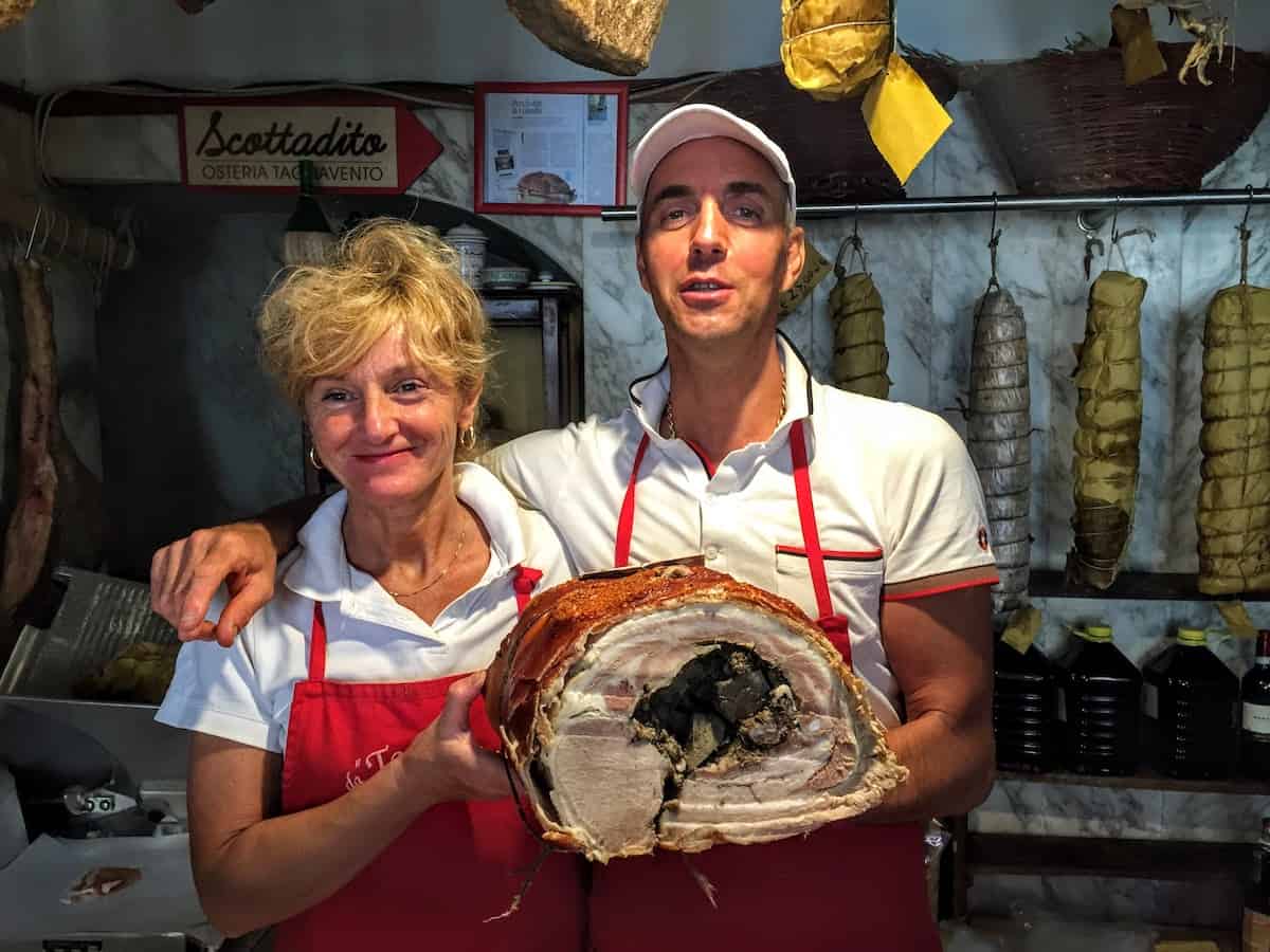 Porchetta at a butcher shop in Bevagna, province of Perugia, Umbria