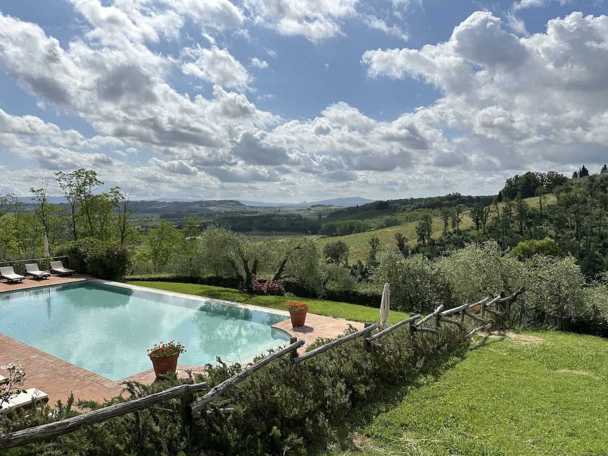 Views from ppol at Fattoria di Fibbiano in the classical Terre di Pisa DOC production area