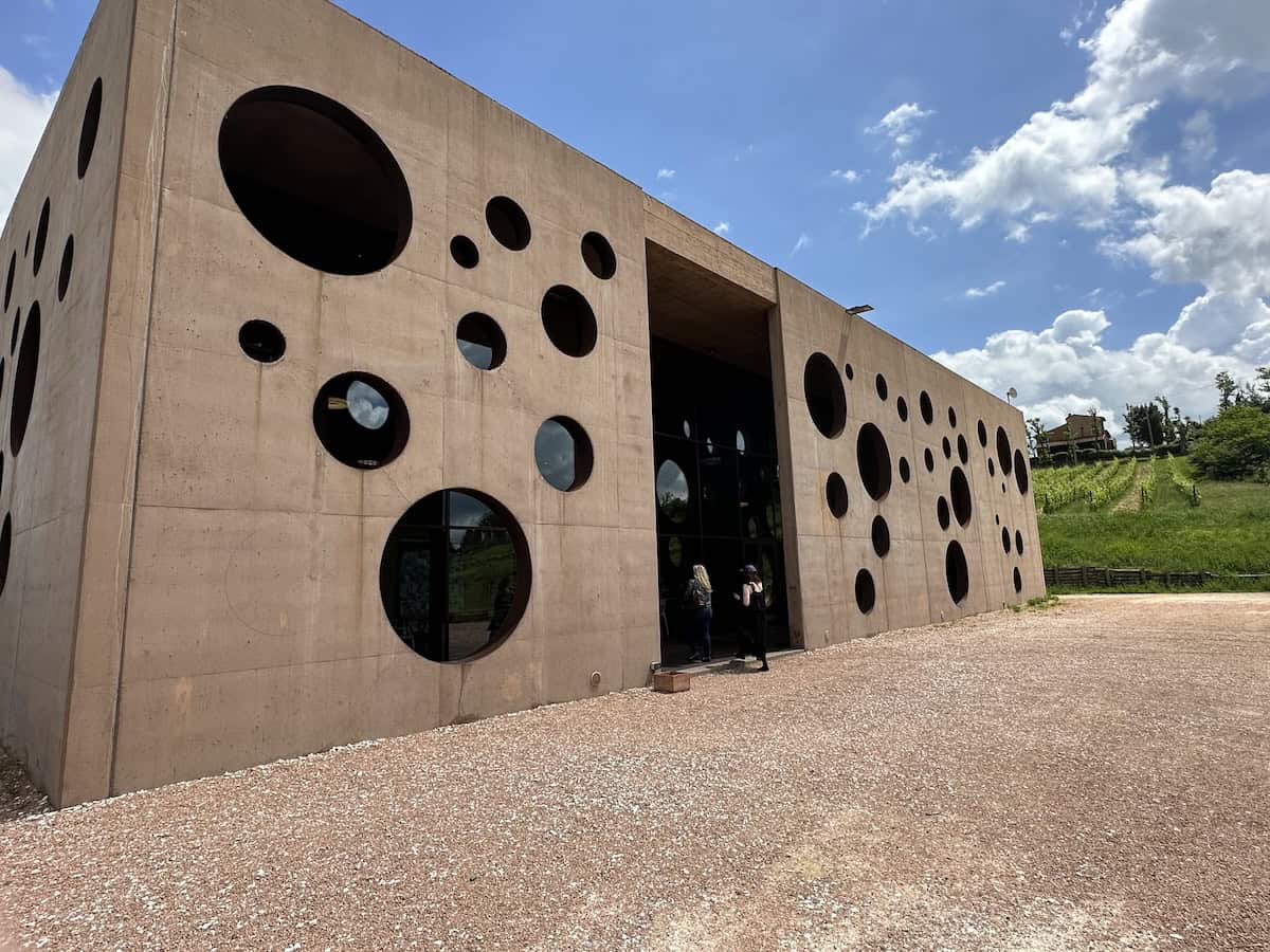 Ultra-contemporary Podere La Chiesa in Pisan Hills with grape representation on the facade