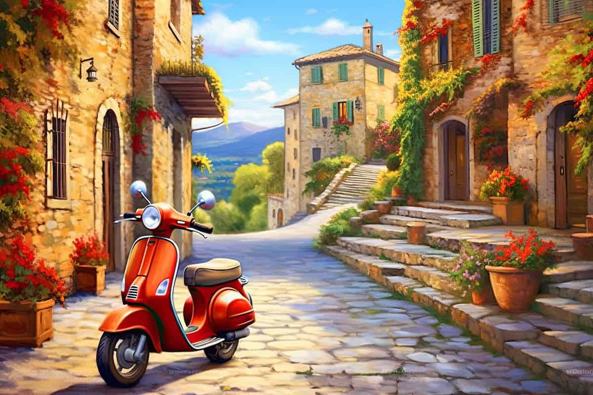 Italian Lifestyle Vintage scooter, traditional italian village located in the hills of the Toscana. Ai generative