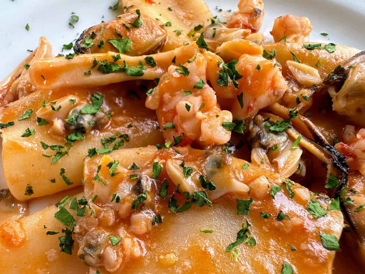 Pacchieri pasta with mussels and baby shrimp (credit: Jerome Levine)