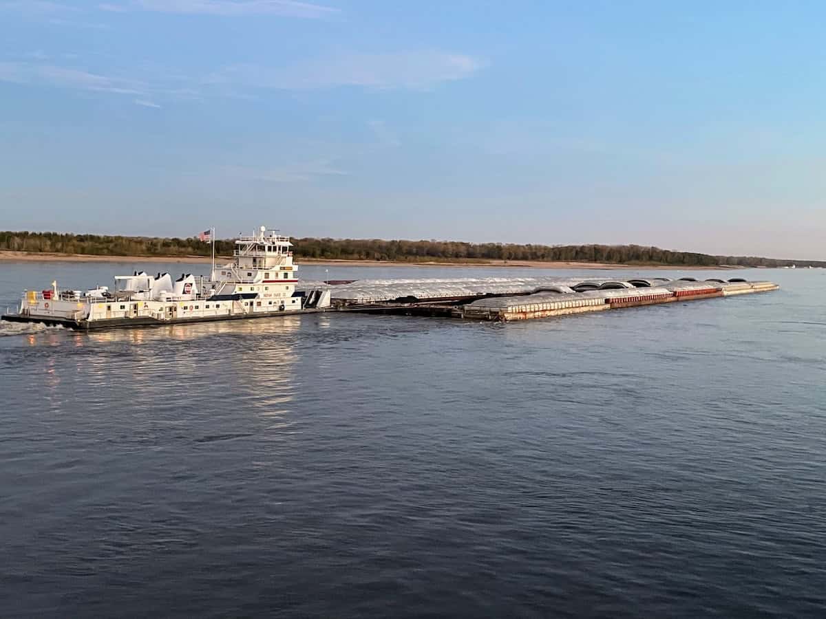 Barge being pushed by a tow boat, a common sight on the Mississippi (credit: Sandra and John Nowlan)