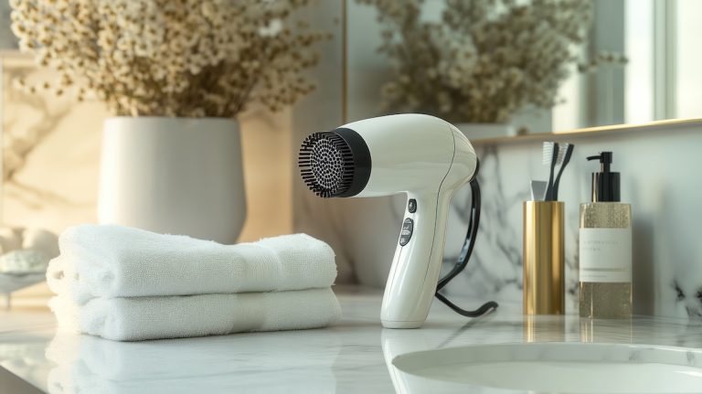 A hotel bathroom with a hair dryer (credit: Adobe stock).