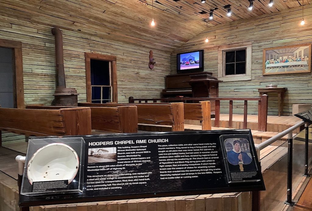 A one-room wooden church is the first thing visitors see at STAX Museum (credit: Jackie Sheckler Finch)