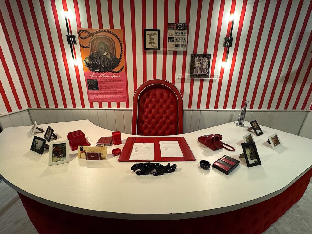 Isaac Hayes worked at this custom-made 14-foot red velvet desk (credit: Jackie Sheckler Finch)