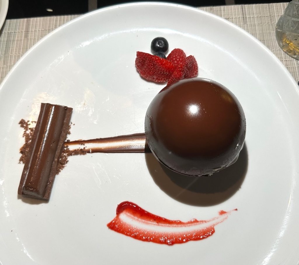 Chocolate Sphere, ready for the hot salted caramel sauce (credit: John and Sandra Nowlan)