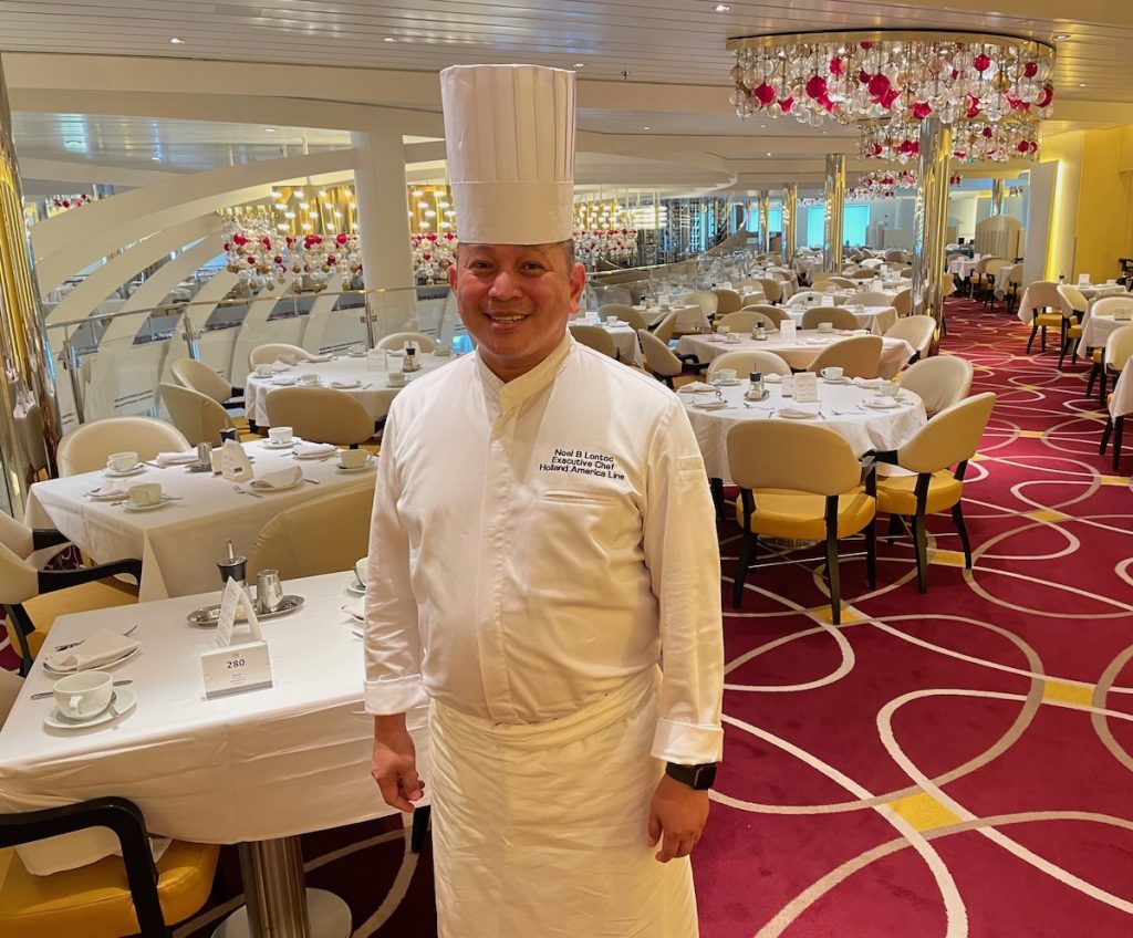 Executive Chef Noel Lontoc in Nieuw Statendam’s elegant main dining room (credit: John and Sandra Nowlan)