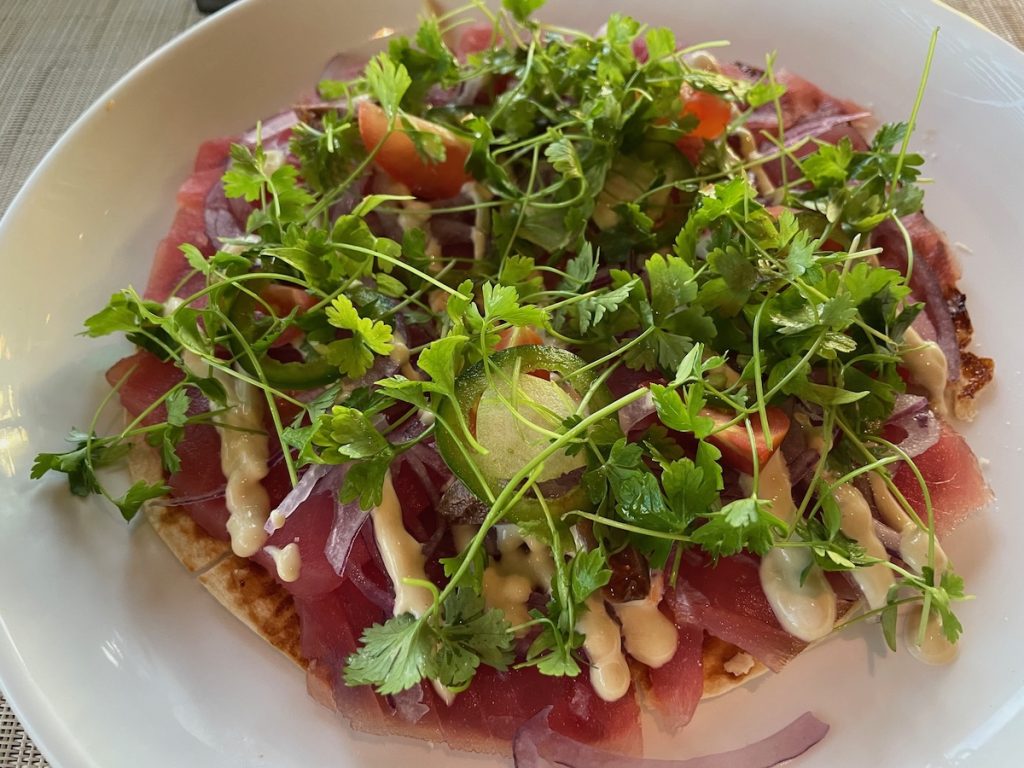 An unusual Fresh Tuna Pizza at Morimoto by Sea (credit: John and Sandra Nowlan)