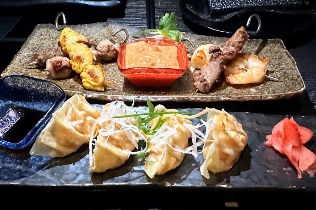 Holland American Global Fresh Fish Program: Shrimp Potstickers and Satay Sampler in Tamarind (credit: John and Sandra Nowlan)