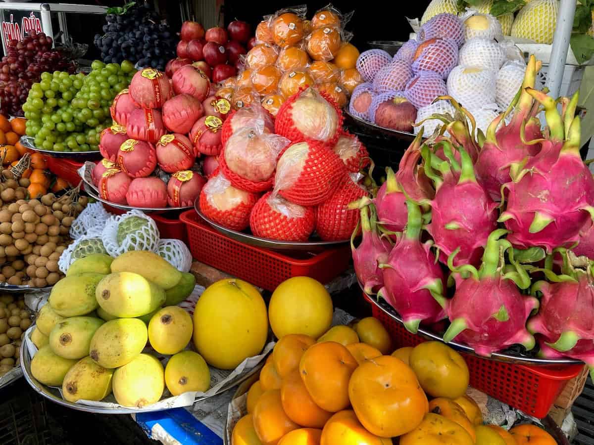 Fresh fruit including delicious dragon fruit at local market in Chau Doc (credit: Keith Kehlbeck)