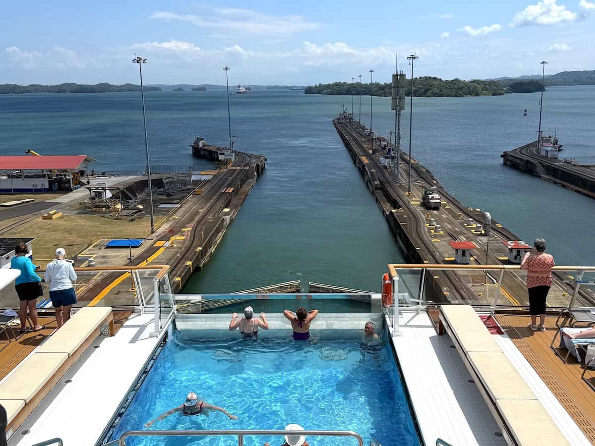 Viking Mars passengers watch the ship maneuver the Panama Canal (credit: Jackie Sheckler Finch)