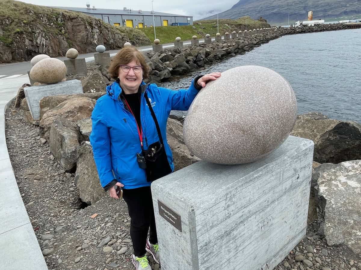 Unique sight in Djupivogur, Iceland: Solid granite eggs representing 34 bird species in the area (credit: John and Sandra Nowlan)