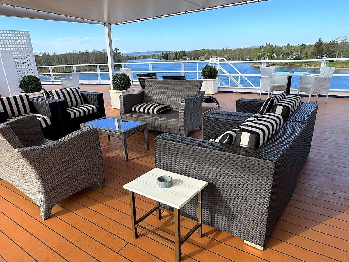 Top deck on Victory II featuring canopied shaded places to sit and watch the passing scenery (credit: Jackie Sheckler Finch)