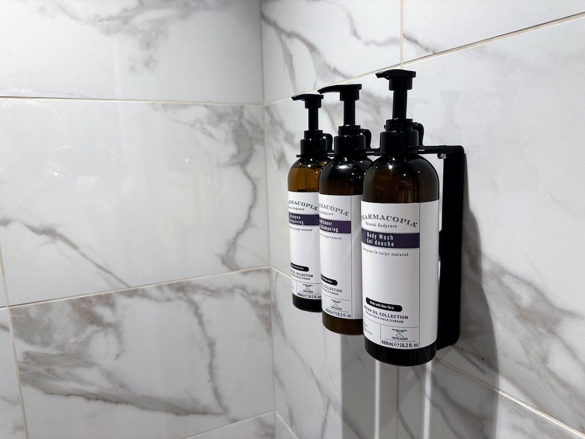 Biodegradable Pharmacopia toiletries in the shower