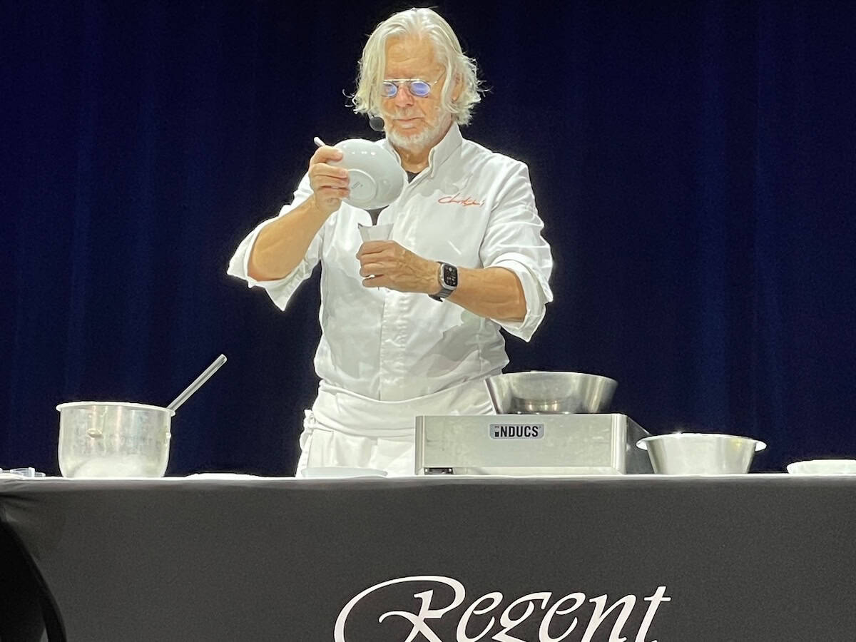 Guest chef Christopher Gross prepares his chocolate mousse dessert (credit: John and Sandra Nowlan)