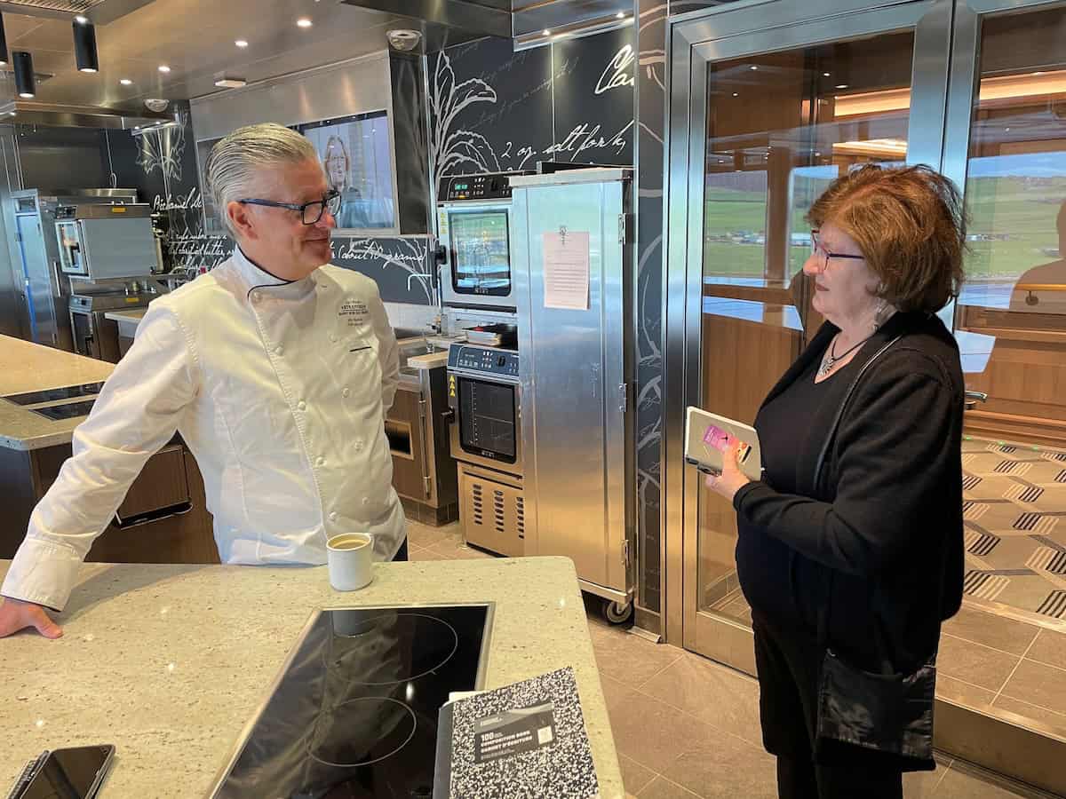 Sandra interviews Chef John Stephano in the Culinary Arts Kitchen (credit: John Nowlan)