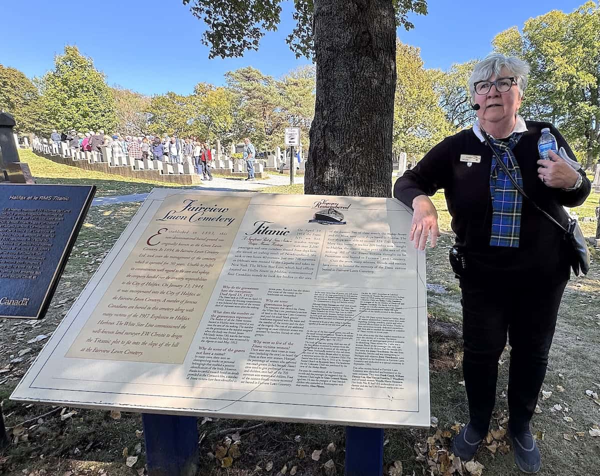 Tour guide Helen leads our tour at the Titanic Cemetery in Fairfax, Nova Scotia (credit: Jackie Sheckler Finch),