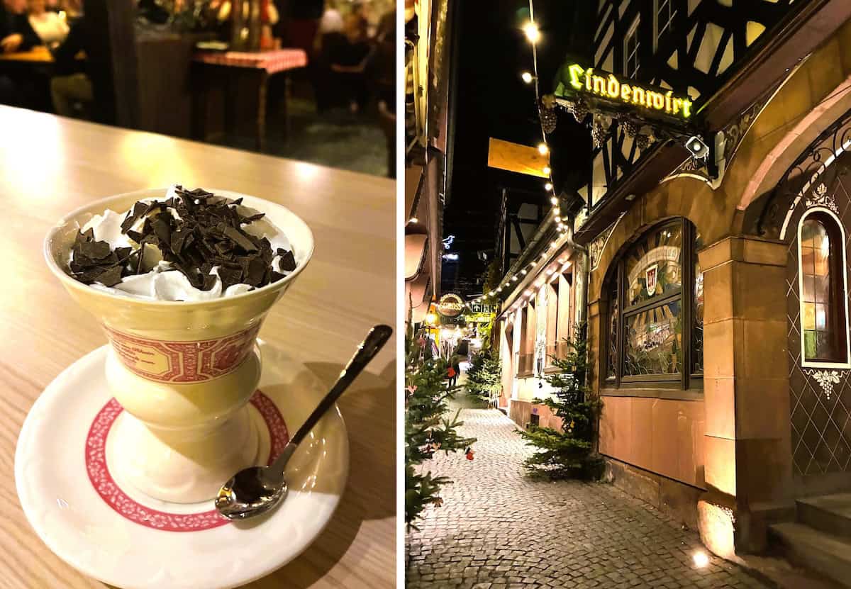 A traditional Rüdesheimer coffee and the town’s quiet, cobblestone-lined streets after dark (credit: Ashley Fenton)