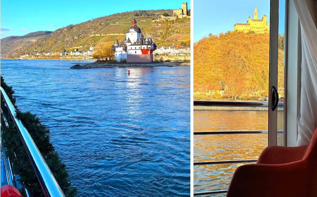 Sailing on AmaVenita: Pfalzgrafenstein and Marksburg castles in the heart of the Rhine Gorge (credit: Ashley Fenton)