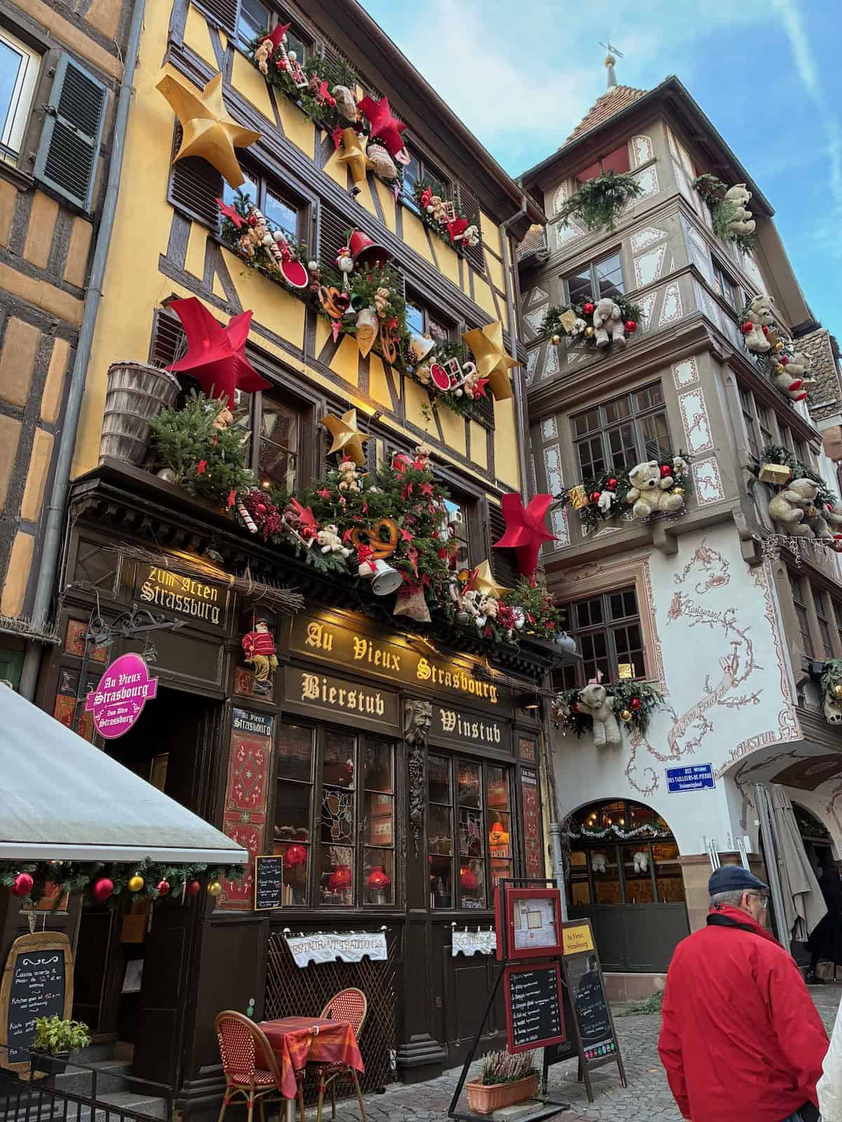 Street-front shops throughout Strasbourg were already glowing with holiday decorations (credit: Ashley Fenton)