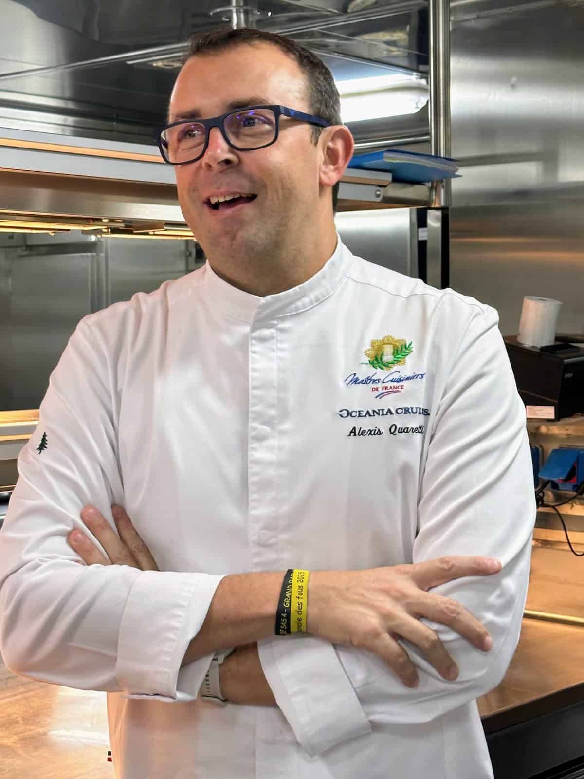 Quaretti, Maitre Cuisinier de France, in the galley on Oceania (credit: Irene S. Levine)