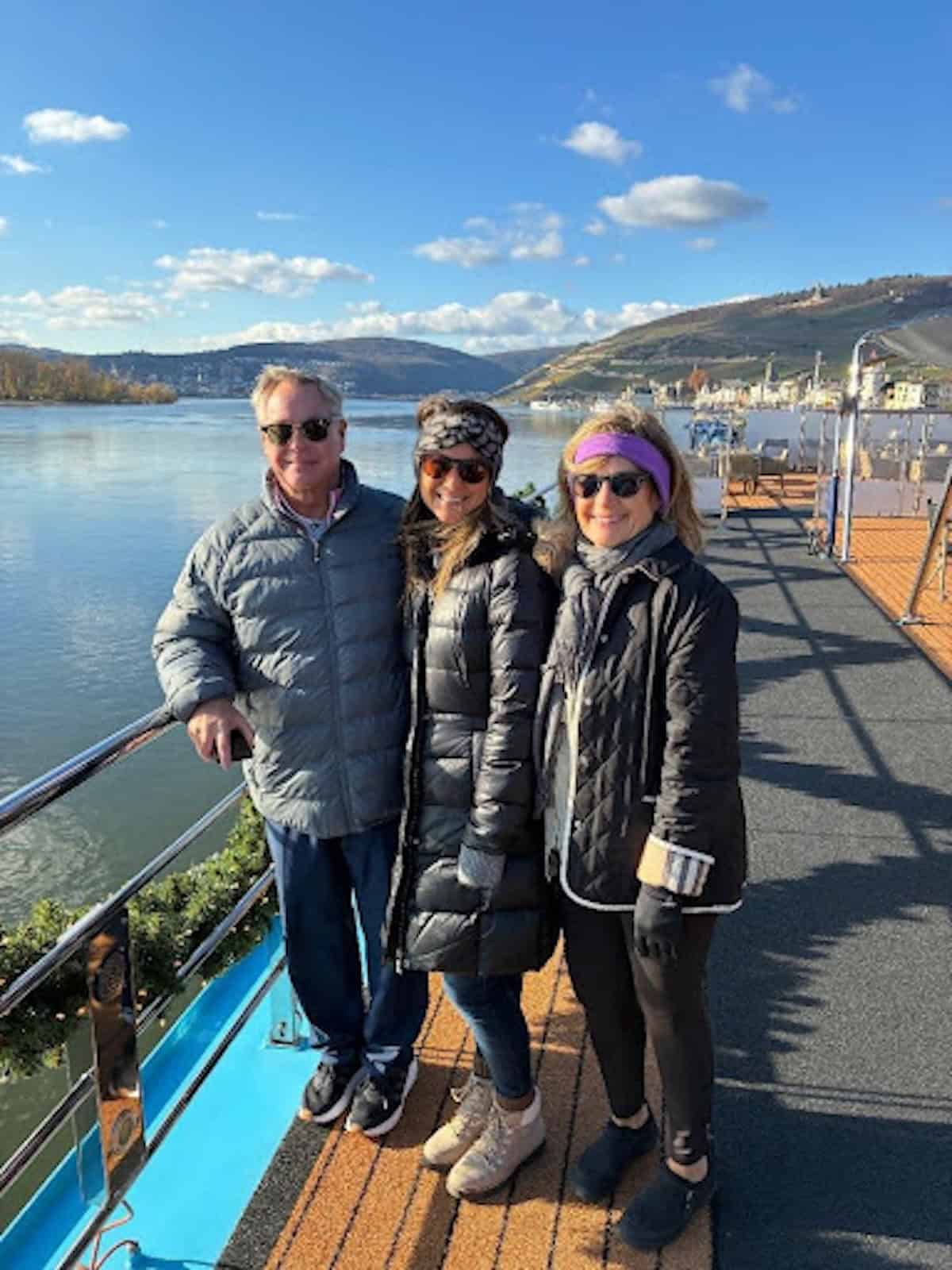 Writer Ashley Fenton with her parents on the sun deck of AmaVenita ahead of sailing through the Rhine Gorge (courtesy: Ashley Fenton)