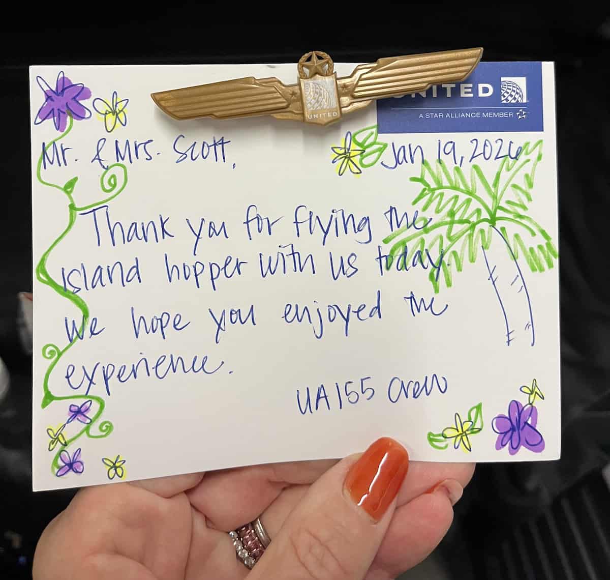 Card from the Island Hopper cabin crew (credit: Chris and Joe Scott)